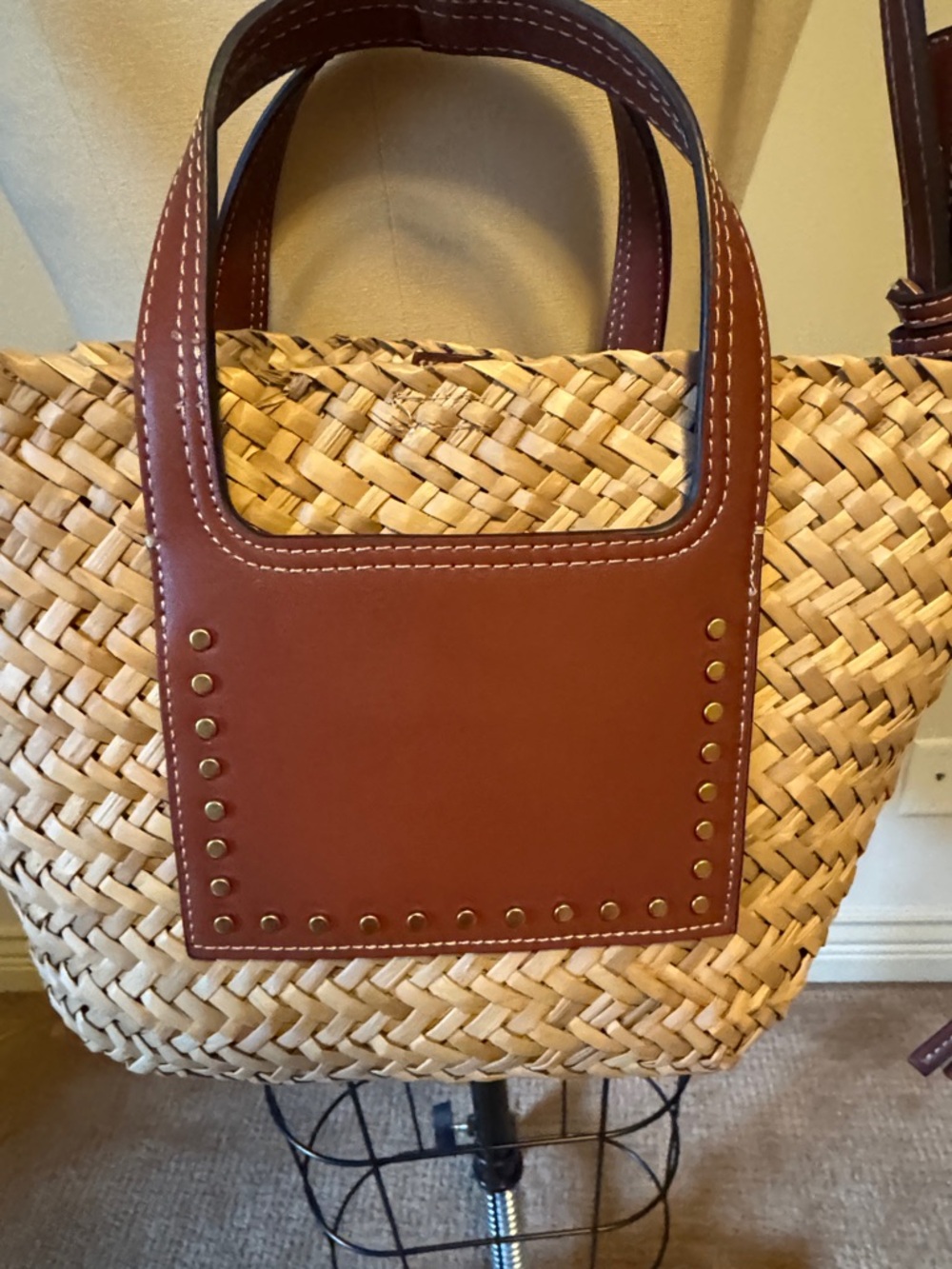 Mango Woven Straw Tote with Brown Leather Accents - Picture 2 of 5